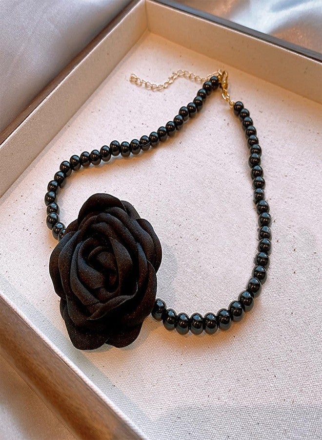 Rannyrena Vintage Pearl Choker Necklace with Flower Dainty Handmade Floral Collar Necklace Imitation Elegant Pearl Jewelry Bridal Wedding Accessory for Women (Black) - Image 3